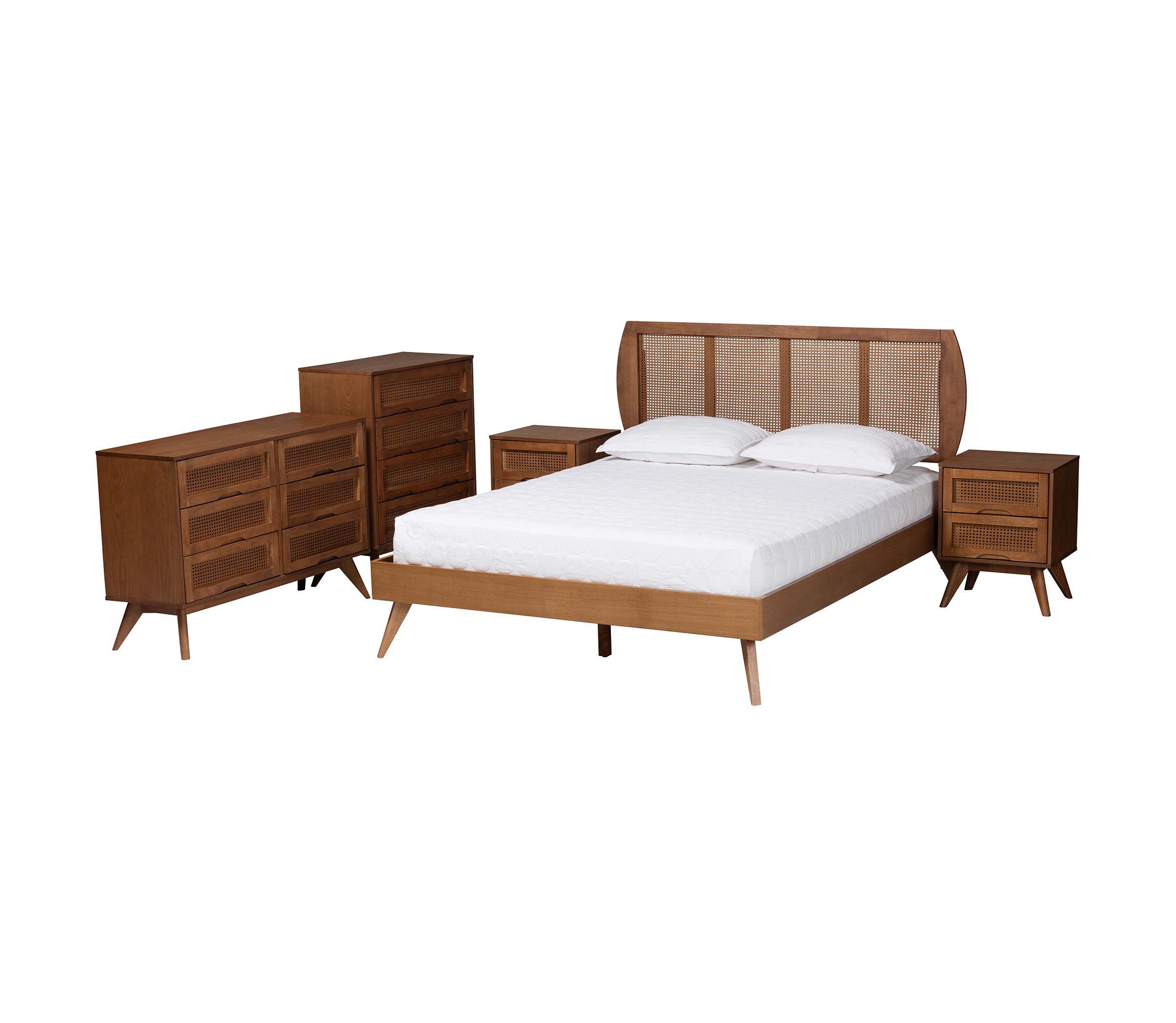 Asami Mid-Century Modern Walnut Brown Finished Wood and Woven Rattan Queen Size 5-Piece Bedroom Set