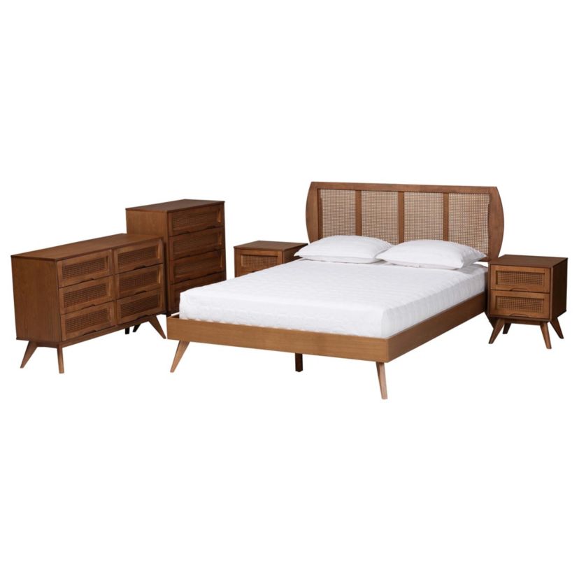 Asami Mid-Century Modern Walnut Brown Finished Wood and Woven Rattan Queen Size 5-Piece Bedroom Set