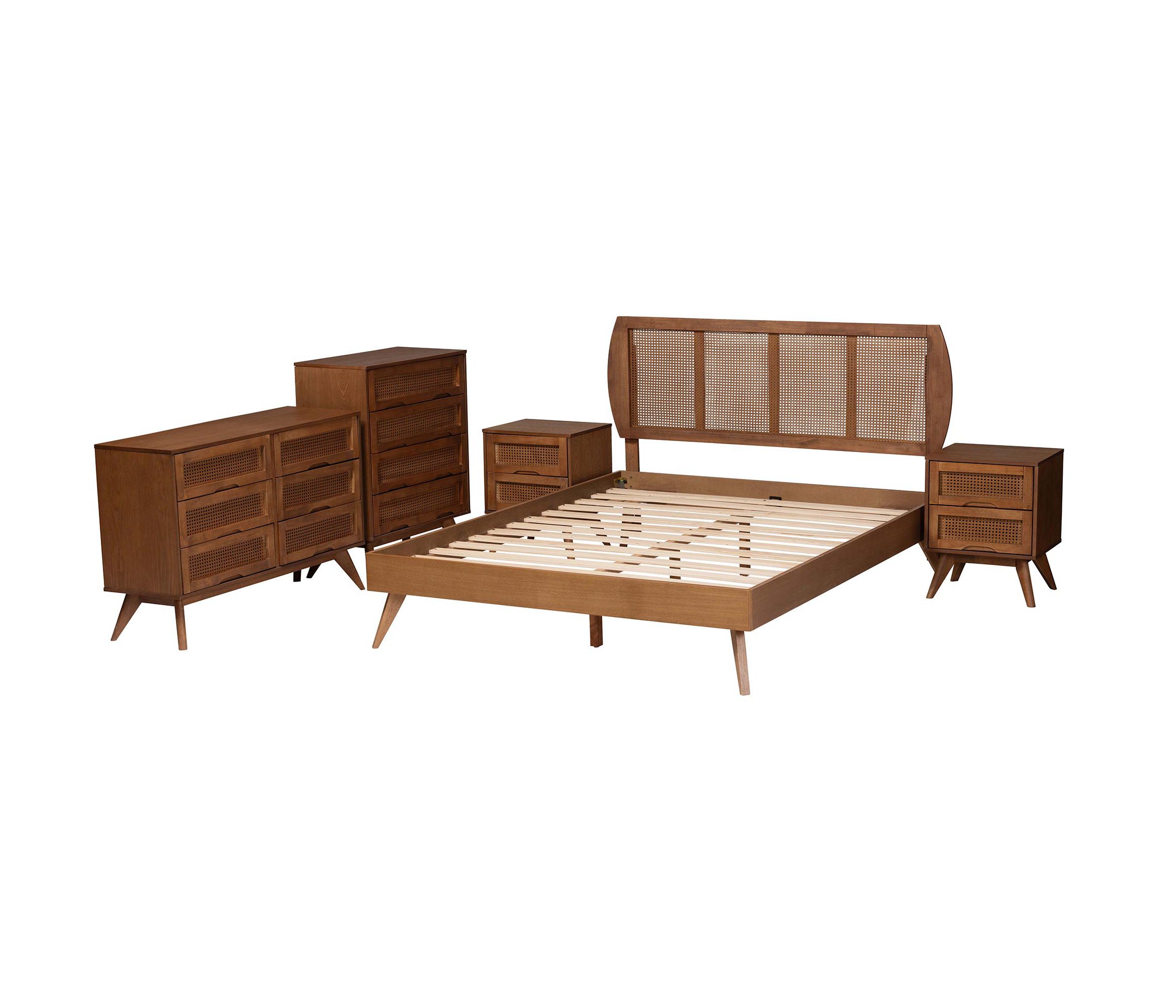 Asami Mid-Century Modern Walnut Brown Finished Wood and Woven Rattan Queen Size 5-Piece Bedroom Set