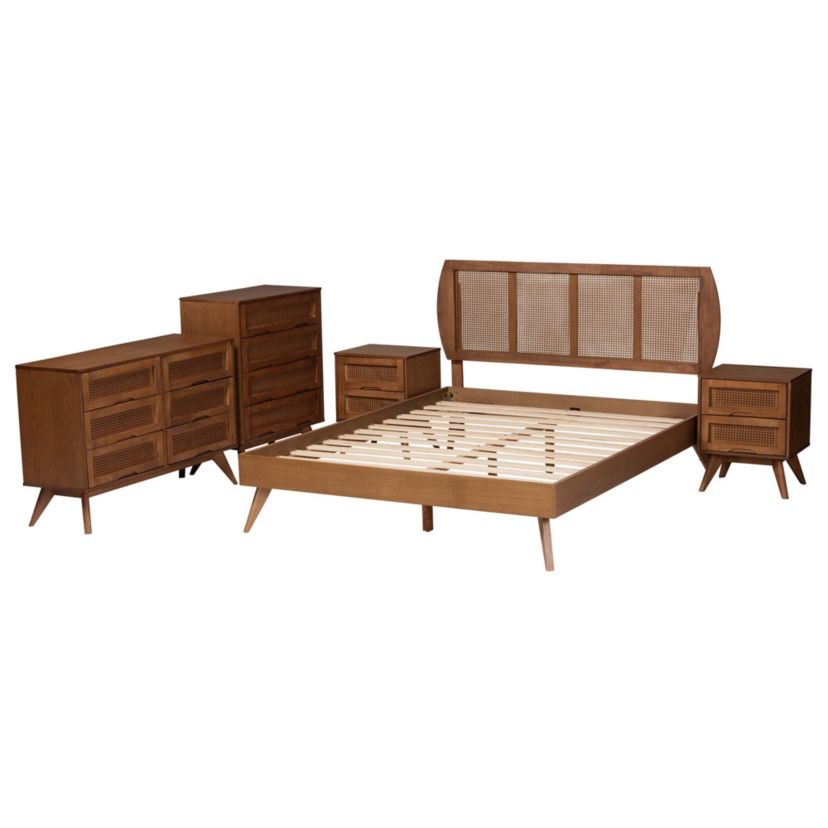 Asami Mid-Century Modern Walnut Brown Finished Wood and Woven Rattan Queen Size 5-Piece Bedroom Set