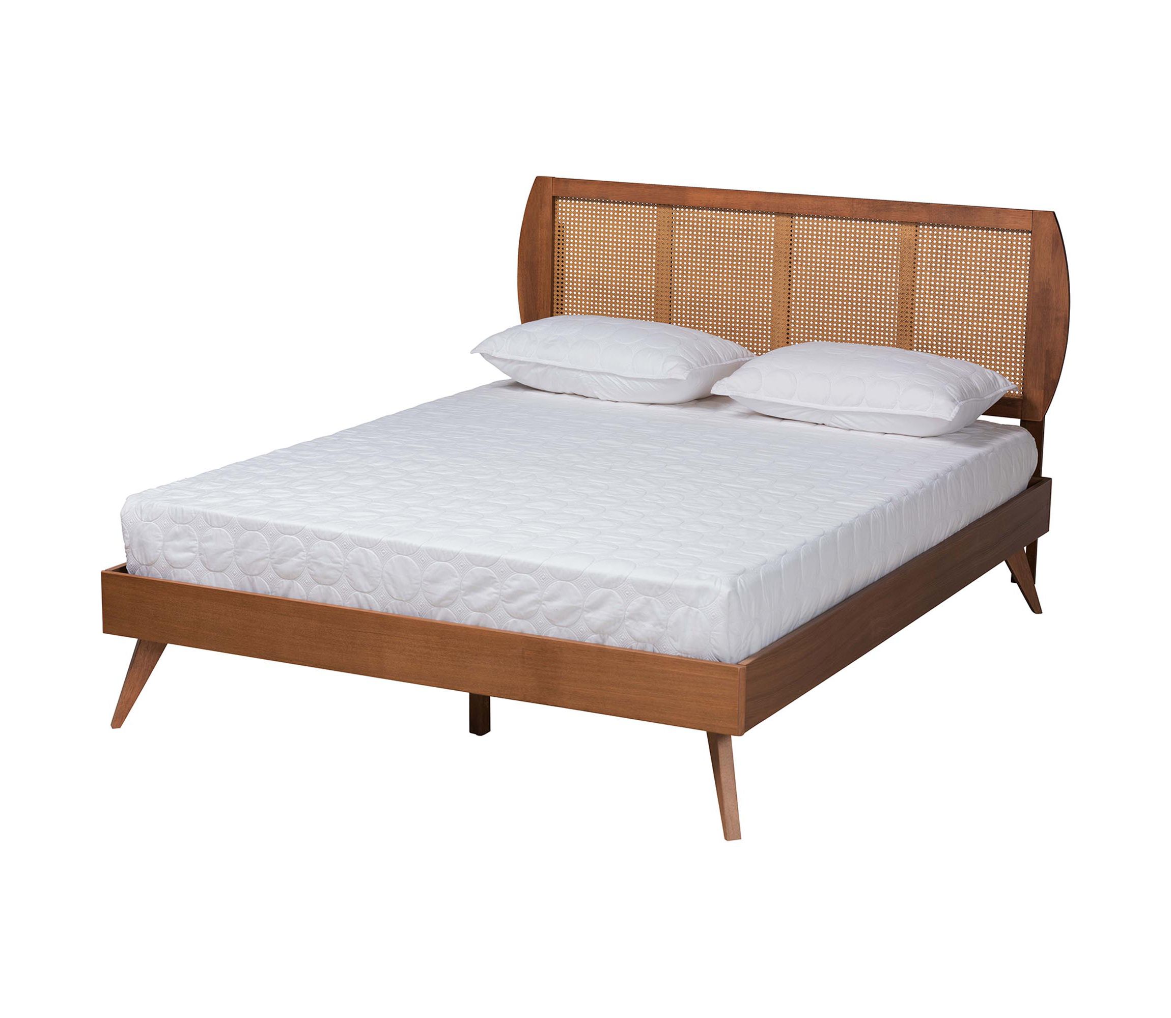 Asami Mid-Century Modern Walnut Brown Finished Wood and Woven Rattan Queen Size 5-Piece Bedroom Set