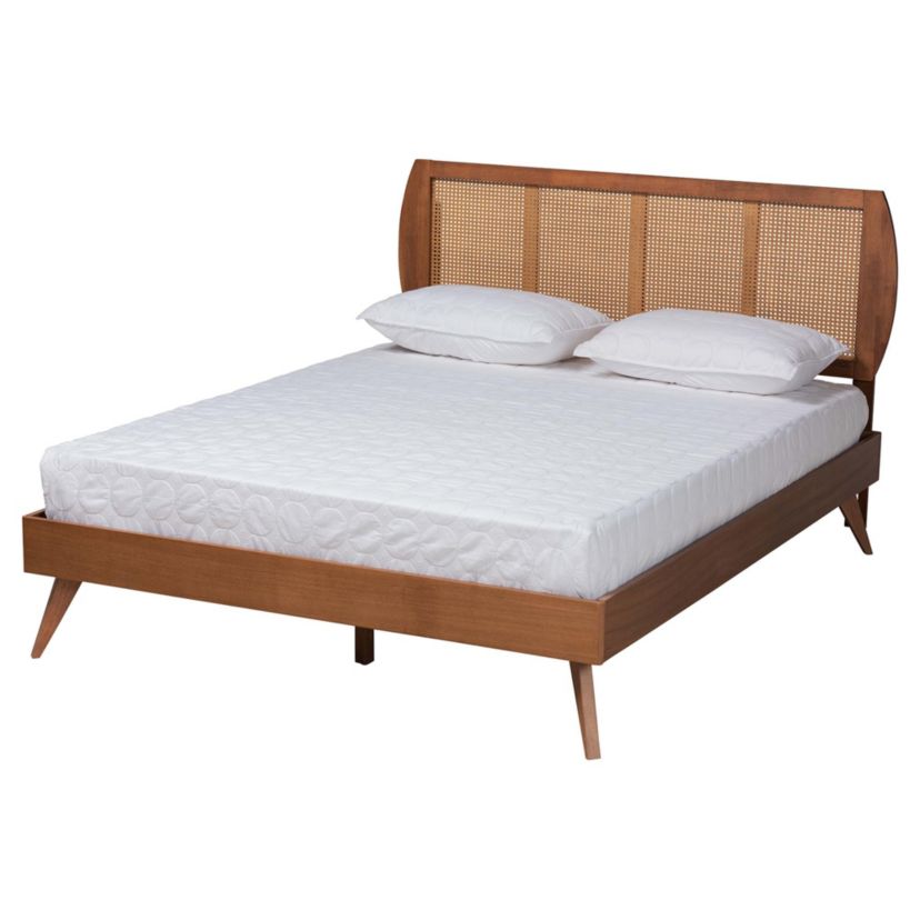 Asami Mid-Century Modern Walnut Brown Finished Wood and Woven Rattan Queen Size 5-Piece Bedroom Set