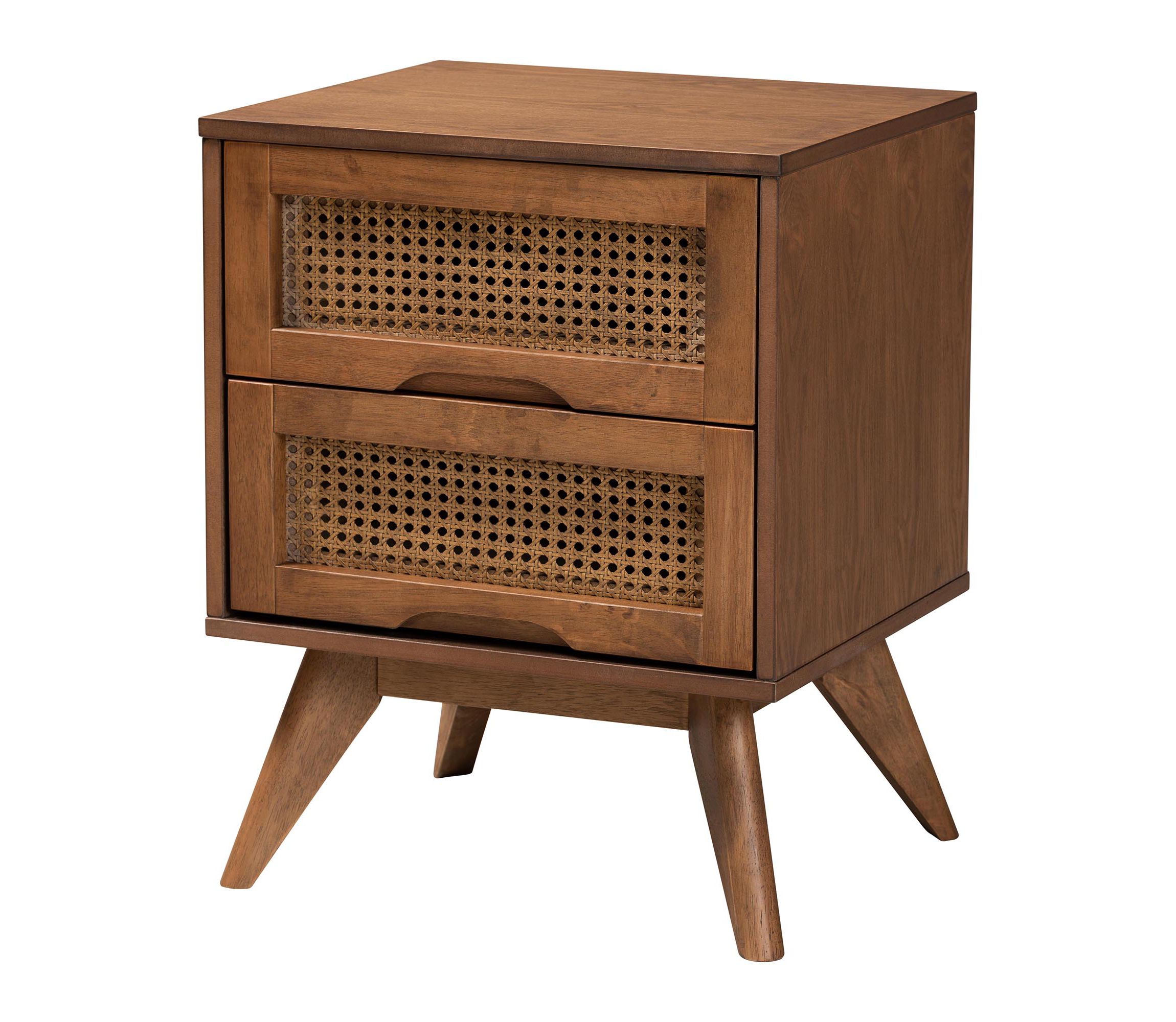 Asami Mid-Century Modern Walnut Brown Finished Wood and Woven Rattan Queen Size 5-Piece Bedroom Set
