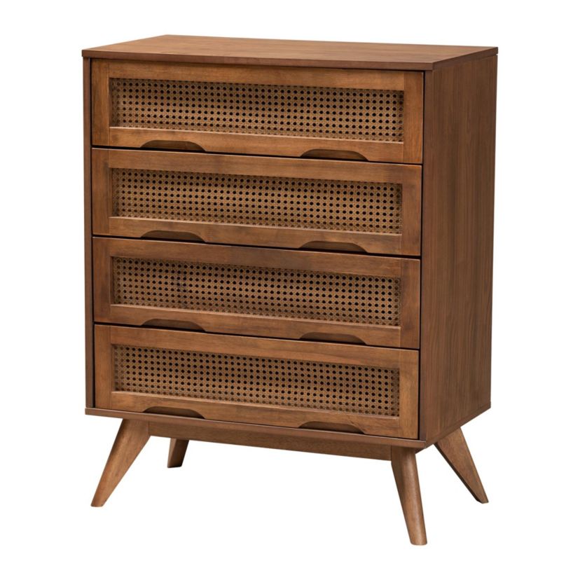 Asami Mid-Century Modern Walnut Brown Finished Wood and Woven Rattan Queen Size 5-Piece Bedroom Set