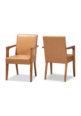 Andrea Mid-Century Modern Tan Faux Leather Upholstered and Walnut Brown Finished Wood 2-Piece Armchair Set