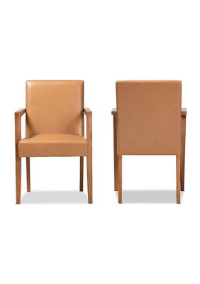 Andrea Mid-Century Modern Tan Faux Leather Upholstered and Walnut Brown Finished Wood 2-Piece Armchair Set