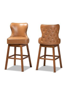 Gradisca Modern and Contemporary Tan Faux Leather Upholstered and Walnut Brown Finished Wood 2-Piece Swivel Bar Stool Set