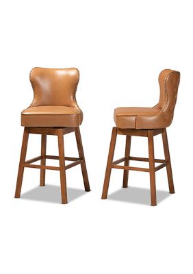 Gradisca Modern and Contemporary Tan Faux Leather Upholstered and Walnut Brown Finished Wood 2-Piece Swivel Bar Stool Set