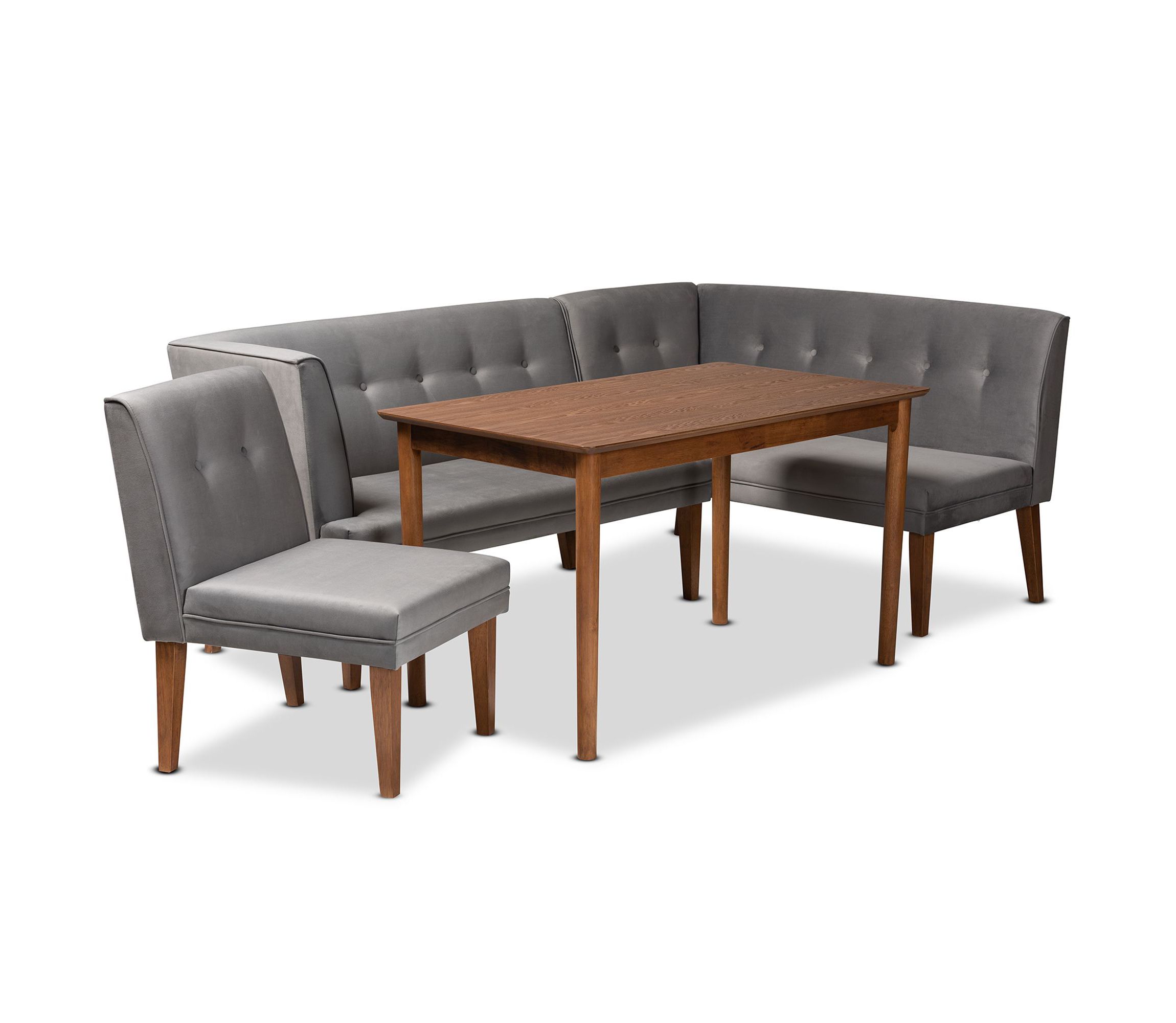 Stewart Mid-Century Modern Grey Velvet Upholstered and Walnut Brown Finished Wood 4-Piece Dining Nook Set
