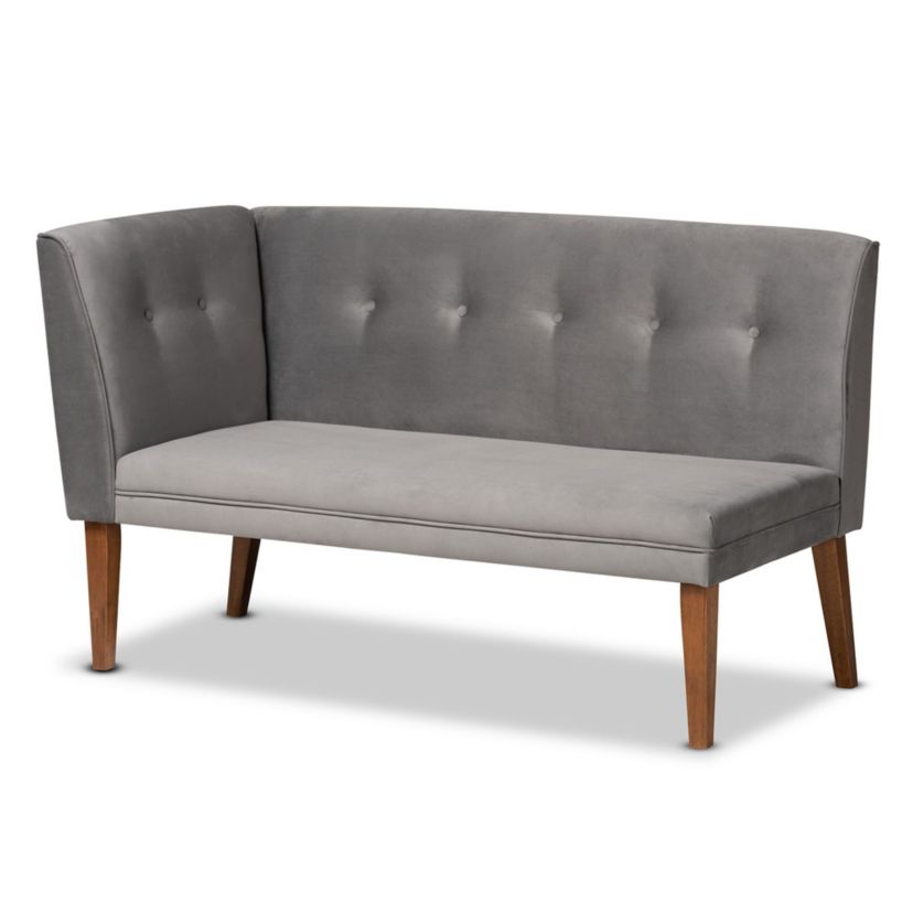 Stewart Mid-Century Modern Grey Velvet Upholstered and Walnut Brown Finished Wood 4-Piece Dining Nook Set