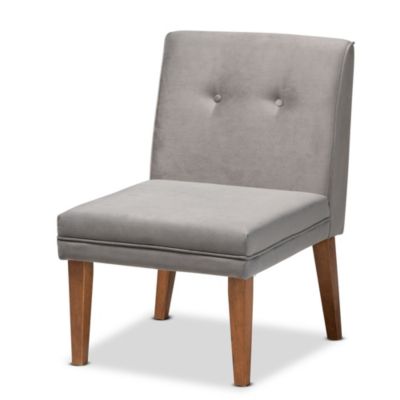 Stewart Mid-Century Modern Grey Velvet Upholstered and Walnut Brown Finished Wood Dining Chair