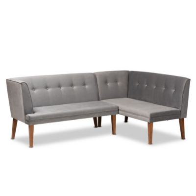 Stewart Mid-Century Modern Grey Velvet Upholstered and Walnut Brown Finished Wood 2-Piece Dining Nook Banquette Set