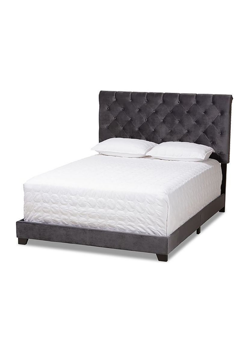 Candace Luxe and Glamour Dark Grey Velvet Upholstered Bed