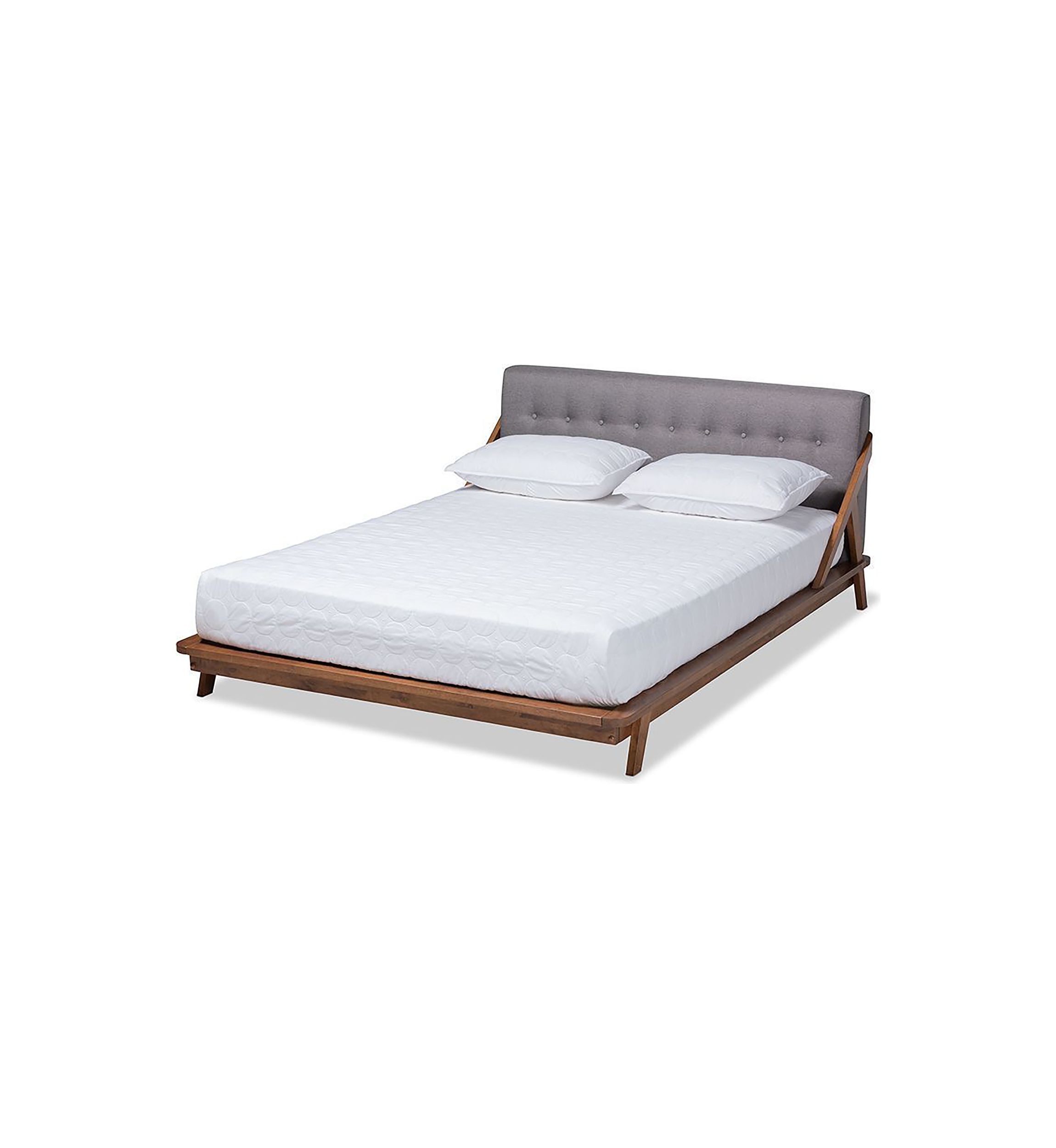 Sante Mid-Century Modern Light Beige Fabric Upholstered Wood Platform Bed