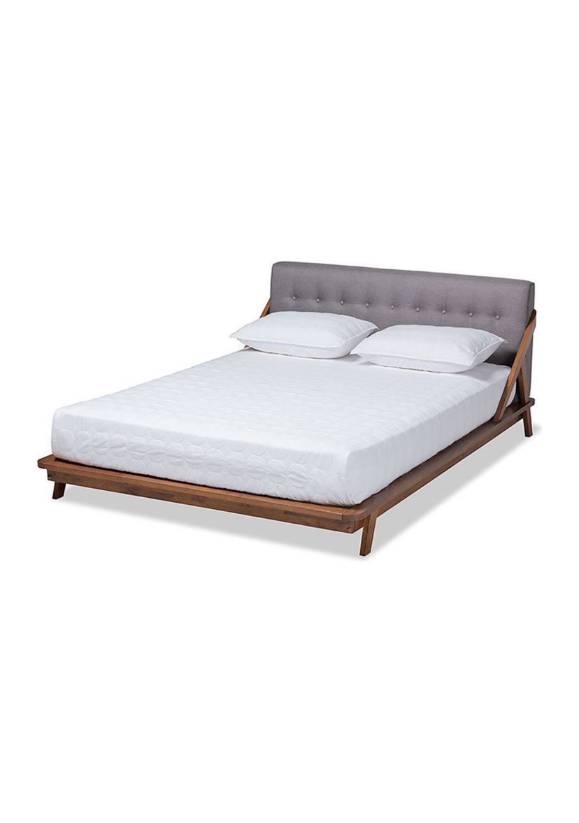 Sante Mid-Century Modern Light Beige Fabric Upholstered Wood Platform Bed