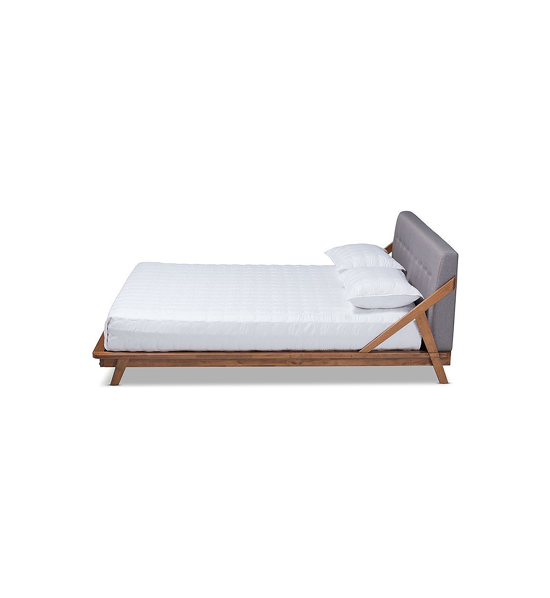 Sante Mid-Century Modern Light Beige Fabric Upholstered Wood Platform Bed