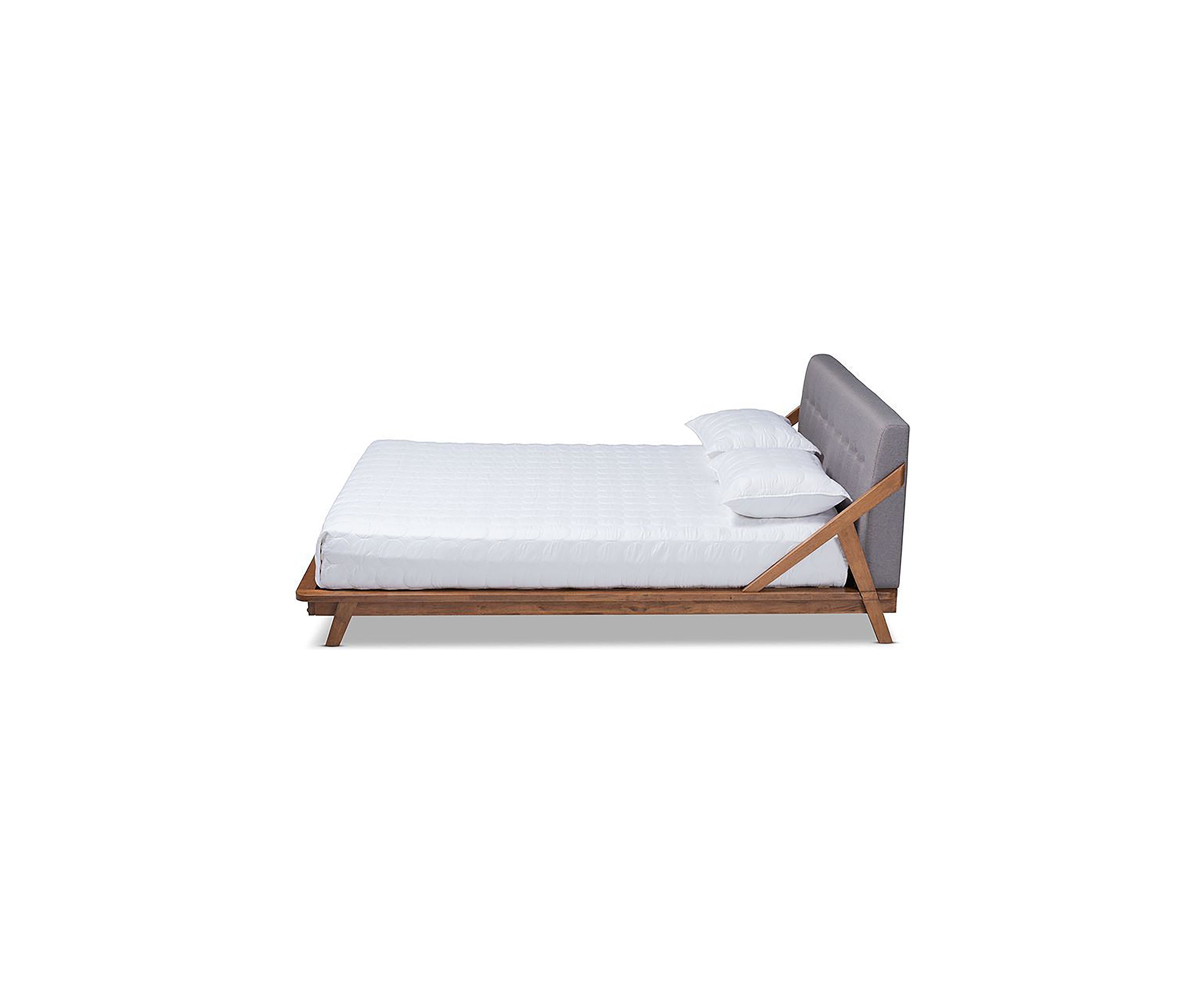 Sante Mid-Century Modern Light Beige Fabric Upholstered Wood Platform Bed