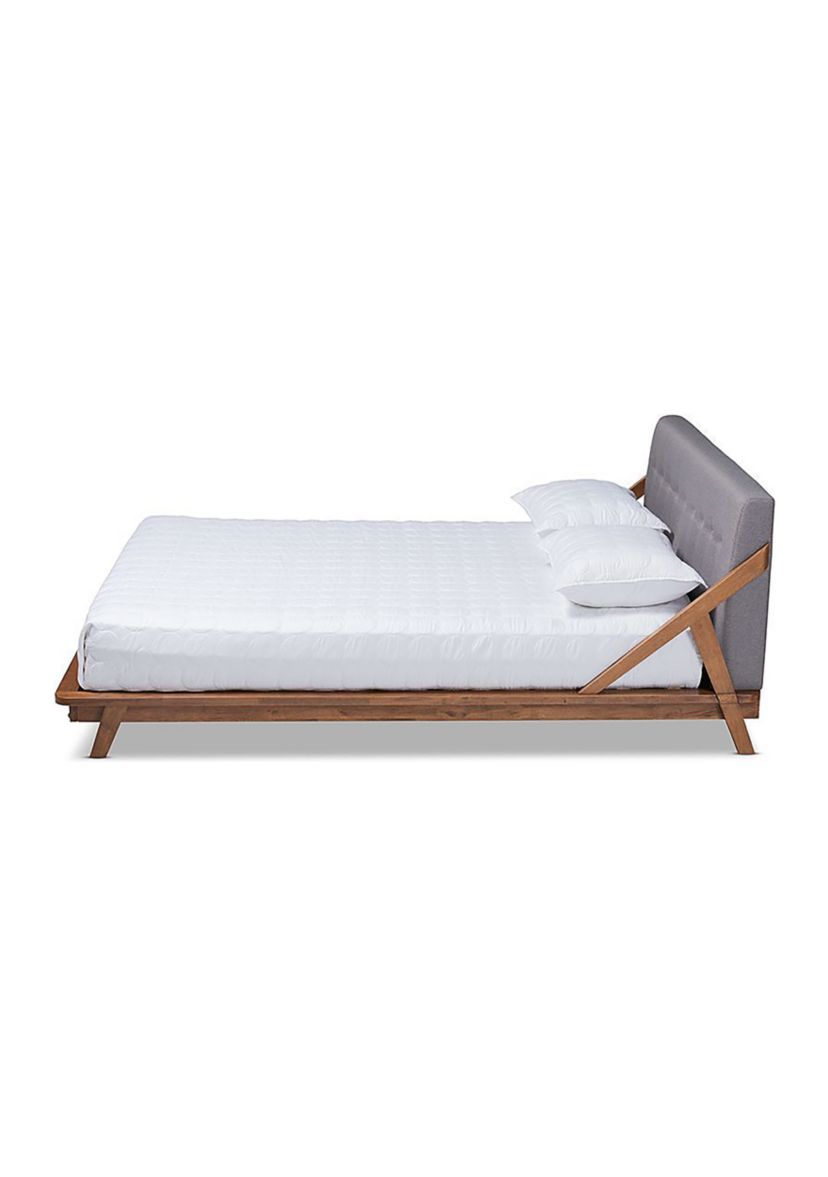 Sante Mid-Century Modern Light Beige Fabric Upholstered Wood Platform Bed