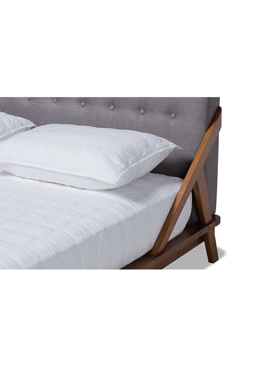 Sante Mid-Century Modern Light Beige Fabric Upholstered Wood Platform Bed