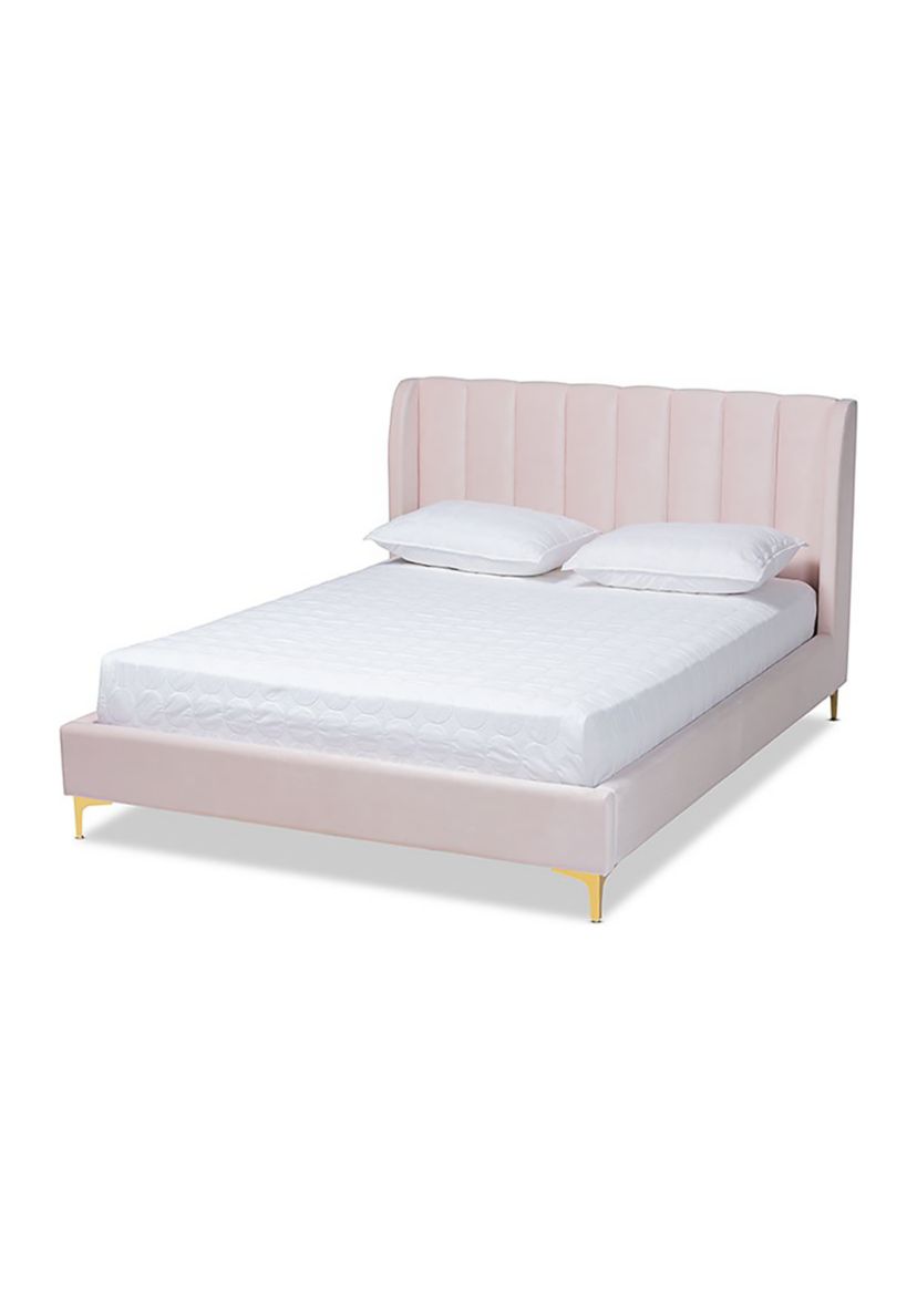 Saverio Glam and Luxe Light Blue Velvet Fabric Upholstered Platform Bed with Gold-Tone Legs