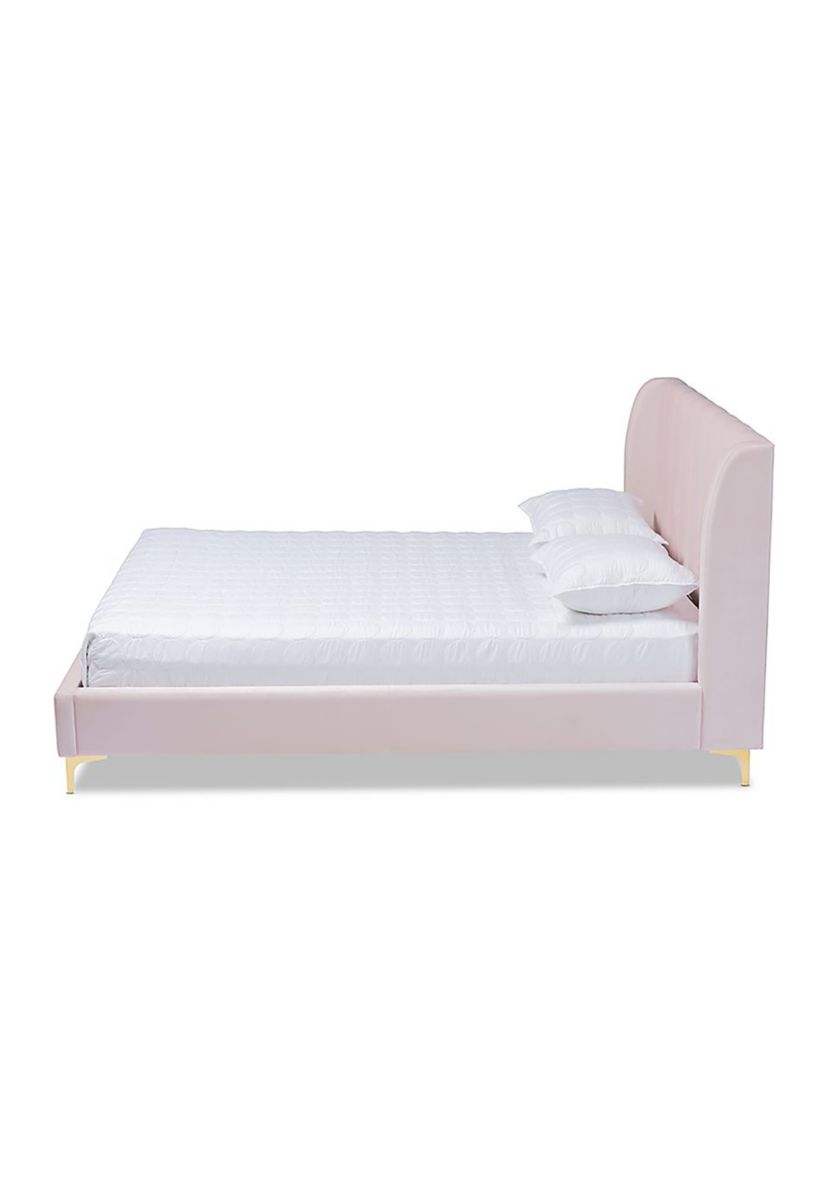 Saverio Glam and Luxe Light Blue Velvet Fabric Upholstered Platform Bed with Gold-Tone Legs