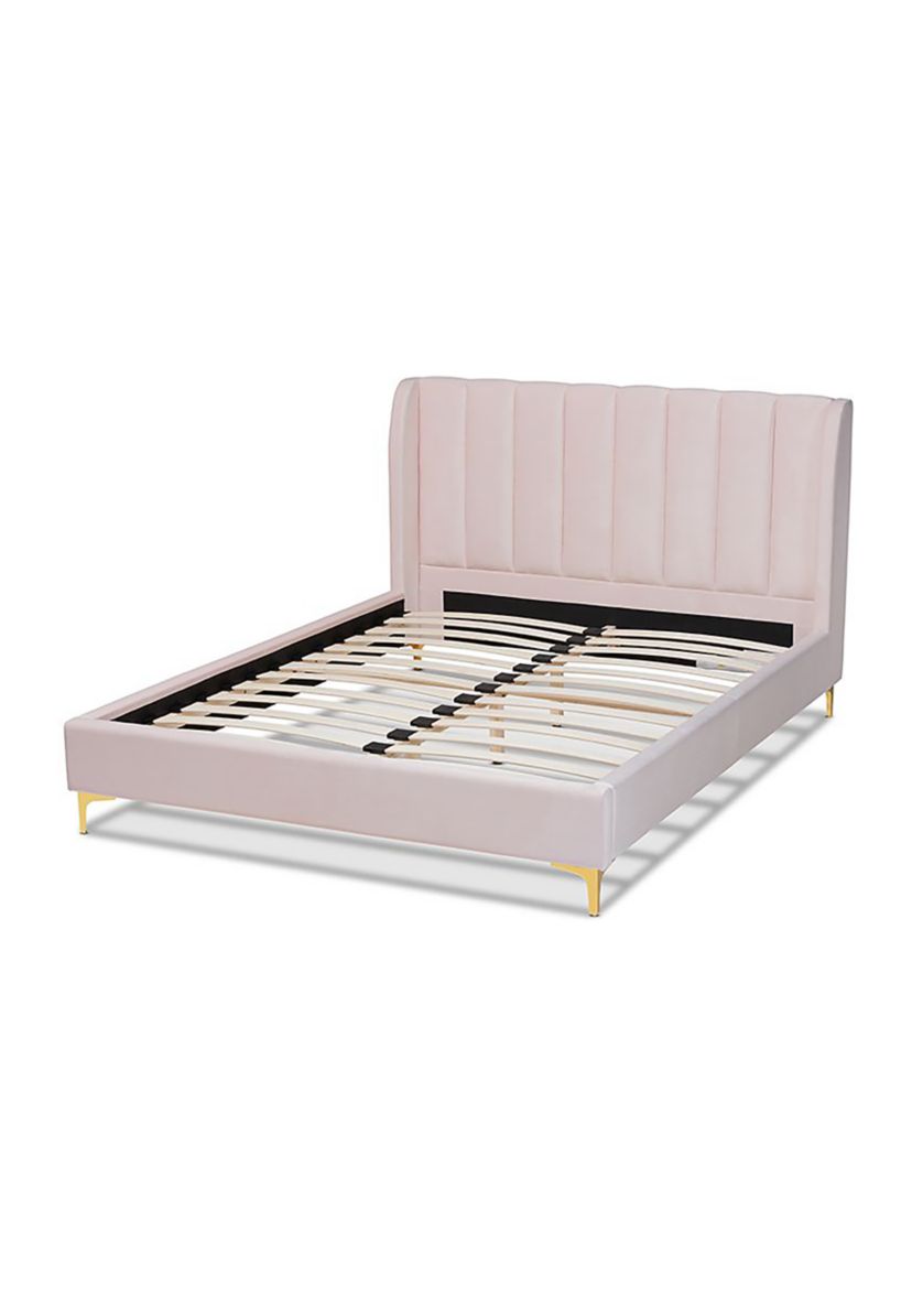 Saverio Glam and Luxe Light Blue Velvet Fabric Upholstered Platform Bed with Gold-Tone Legs