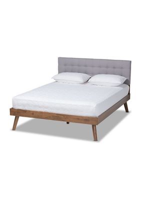 Baxton Studio Devan Mid-Century Modern Dark Grey Fabric Upholstered Walnut Brown Finished Wood Platform Bed