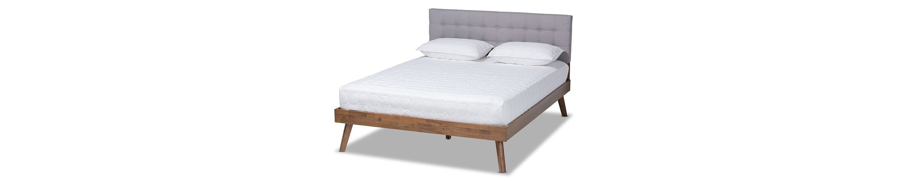 Devan Mid-Century Modern Dark Grey Fabric Upholstered Walnut Brown Finished Wood Platform Bed