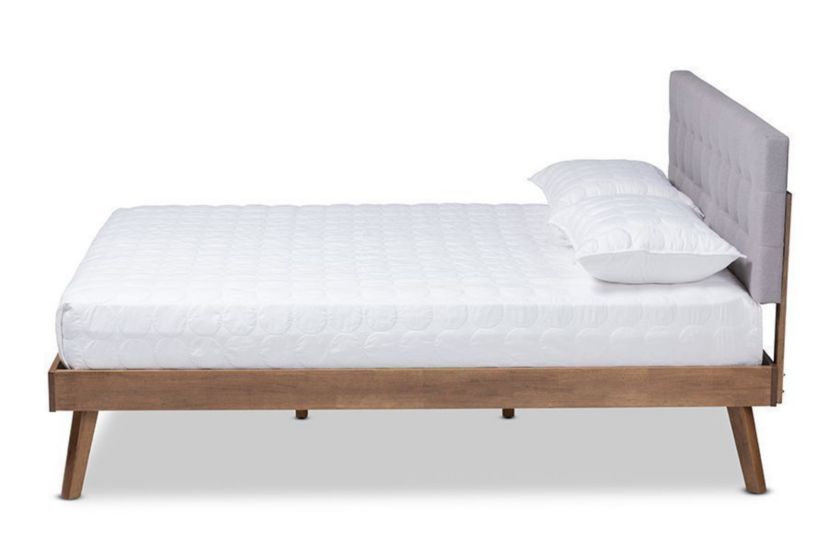 Devan Mid-Century Modern Dark Grey Fabric Upholstered Walnut Brown Finished Wood Platform Bed