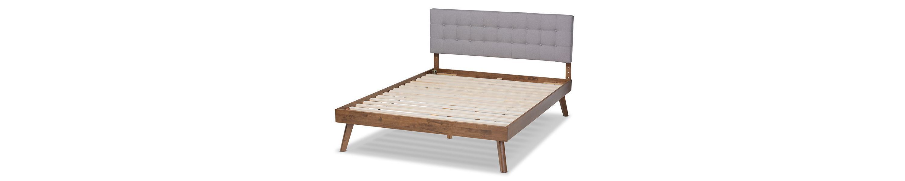 Devan Mid-Century Modern Dark Grey Fabric Upholstered Walnut Brown Finished Wood Platform Bed
