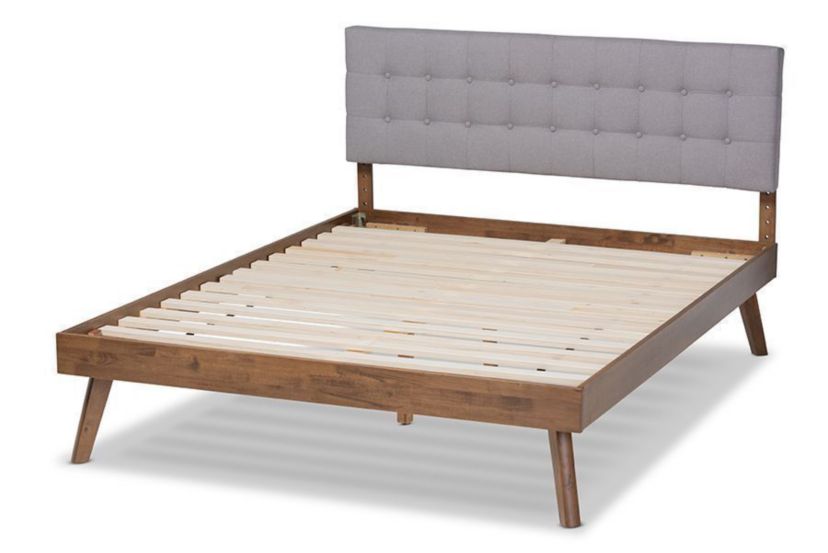 Devan Mid-Century Modern Dark Grey Fabric Upholstered Walnut Brown Finished Wood Platform Bed