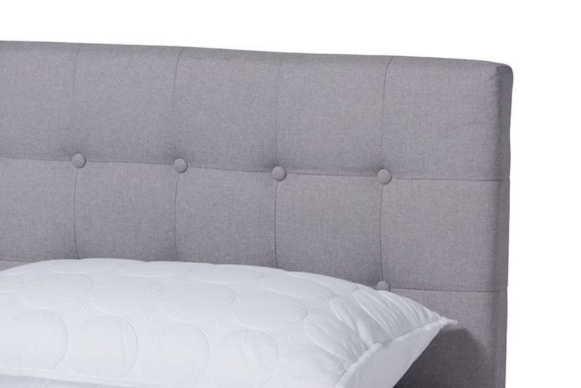 Devan Mid-Century Modern Dark Grey Fabric Upholstered Walnut Brown Finished Wood Platform Bed