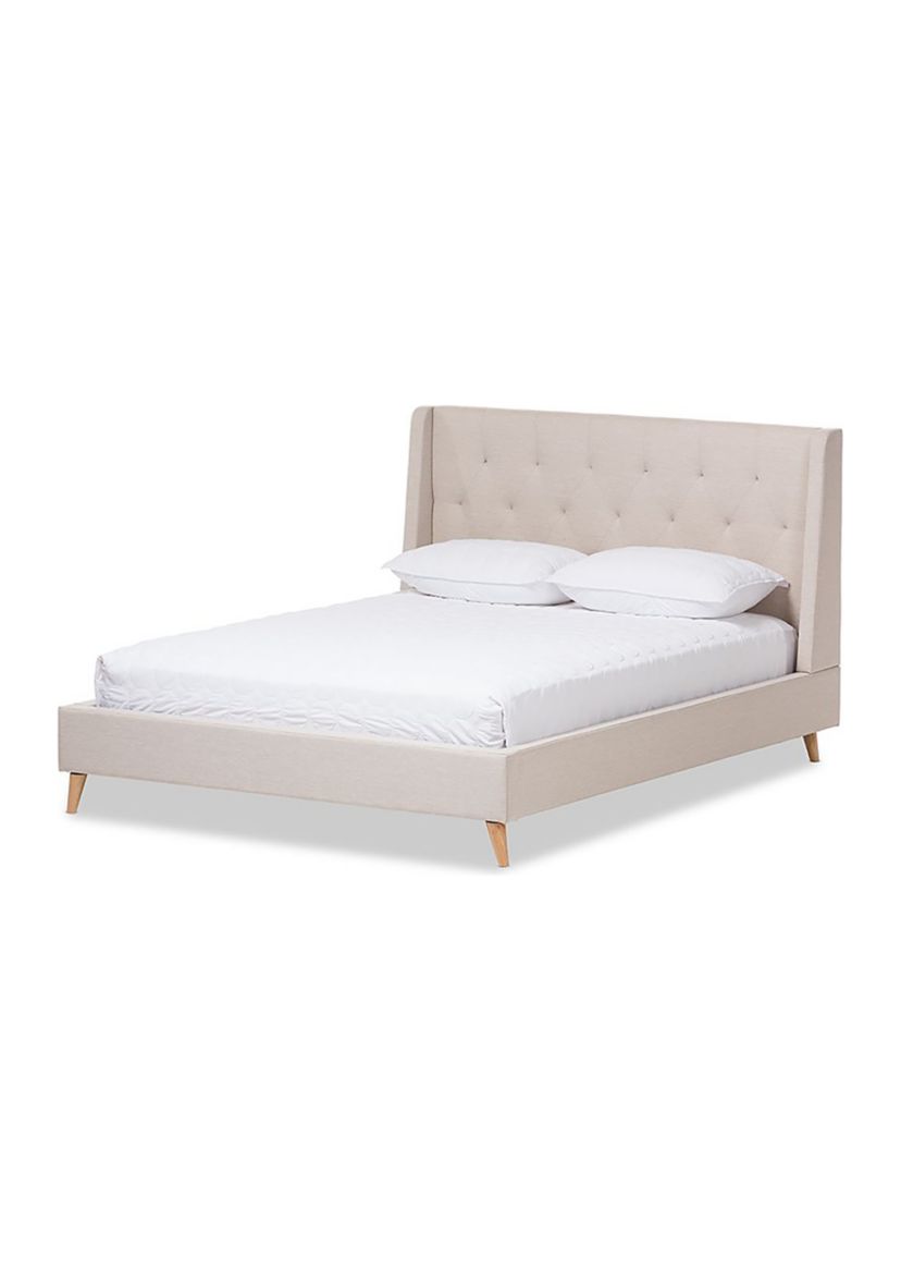 Adelaide Retro Modern Light Beige Fabric Upholstered Platform Bed