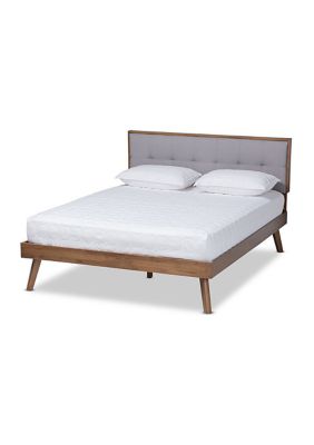 Baxton Studio Alke Mid-Century Modern Light Grey Fabric Upholstered Walnut Brown Finished Wood Platform Bed