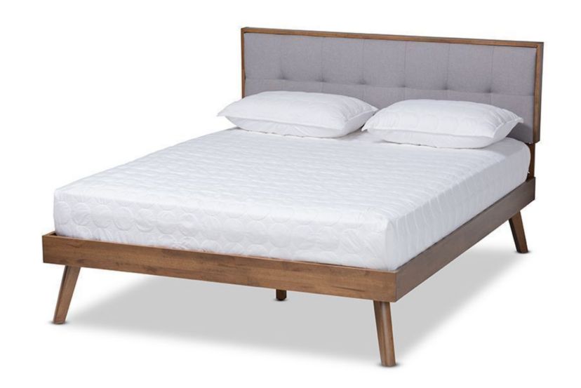 Alke Mid-Century Modern Light Grey Fabric Upholstered Walnut Brown Finished Wood Platform Bed