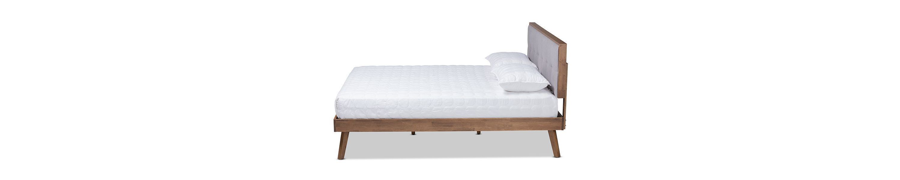 Alke Mid-Century Modern Light Grey Fabric Upholstered Walnut Brown Finished Wood Platform Bed