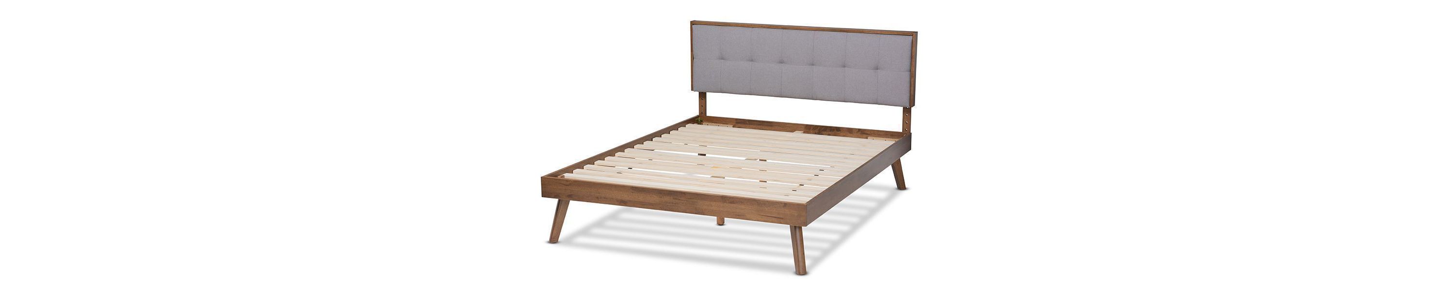 Alke Mid-Century Modern Light Grey Fabric Upholstered Walnut Brown Finished Wood Platform Bed