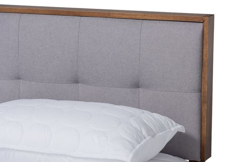 Alke Mid-Century Modern Light Grey Fabric Upholstered Walnut Brown Finished Wood Platform Bed