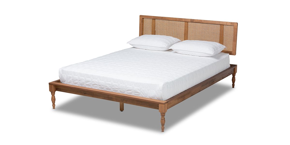 Romy Vintage French Inspired Ash Wanut Finished Wood and Synthetic Rattan Platform Bed