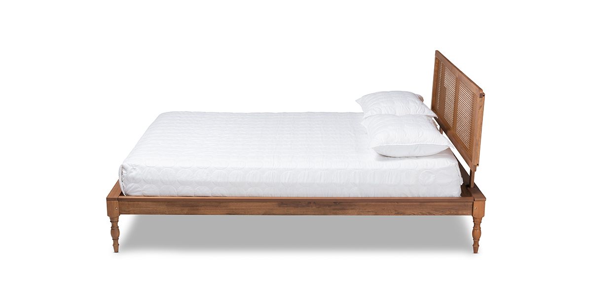 Romy Vintage French Inspired Ash Wanut Finished Wood and Synthetic Rattan Platform Bed