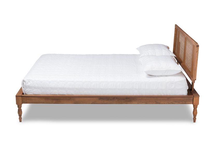 Romy Vintage French Inspired Ash Wanut Finished Wood and Synthetic Rattan Platform Bed