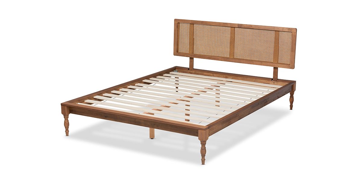 Romy Vintage French Inspired Ash Wanut Finished Wood and Synthetic Rattan Platform Bed