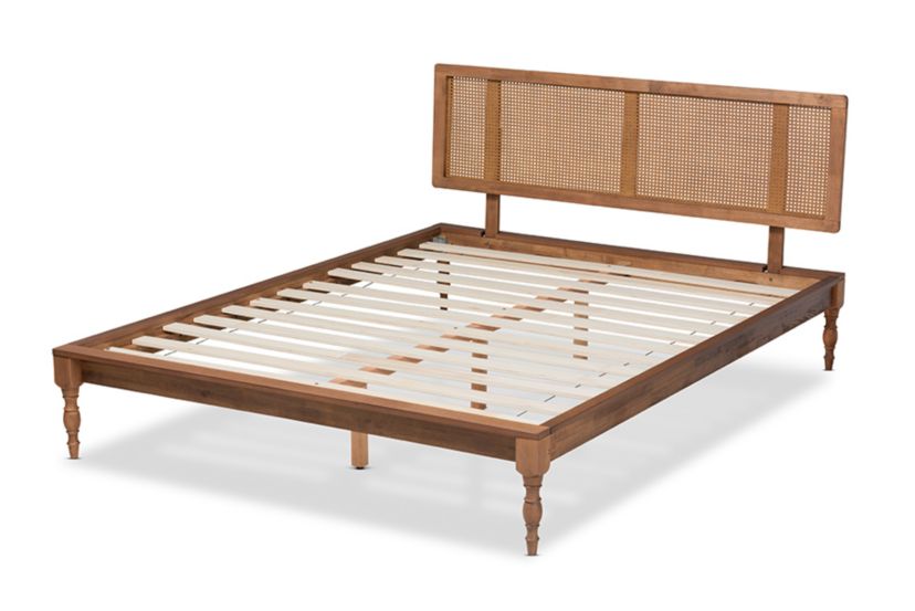 Romy Vintage French Inspired Ash Wanut Finished Wood and Synthetic Rattan Platform Bed