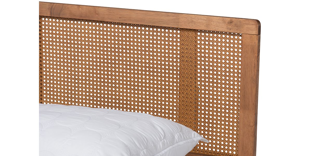 Romy Vintage French Inspired Ash Wanut Finished Wood and Synthetic Rattan Platform Bed