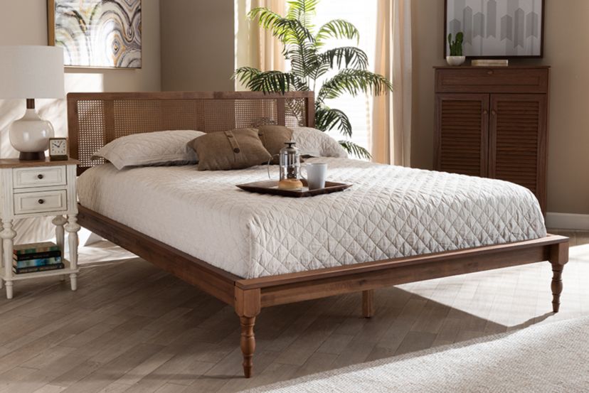 Romy Vintage French Inspired Ash Wanut Finished Wood and Synthetic Rattan Platform Bed