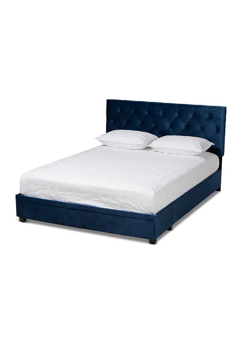 Caronia Modern and Contemporary Navy Blue Velvet Fabric Upholstered 2-Drawer Platform Storage Bed