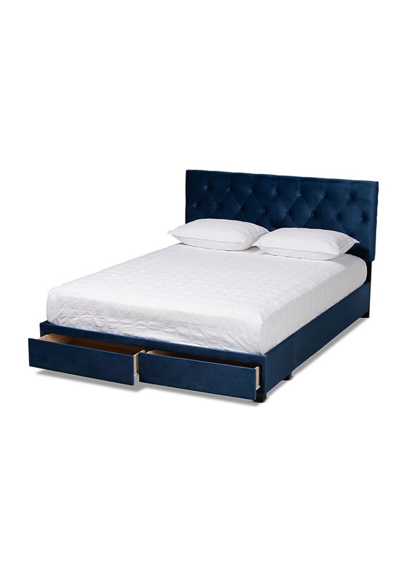 Caronia Modern and Contemporary Navy Blue Velvet Fabric Upholstered 2-Drawer Platform Storage Bed