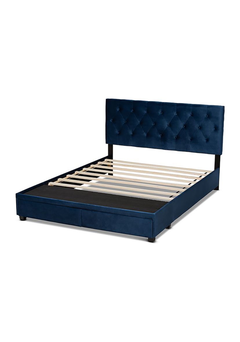 Caronia Modern and Contemporary Navy Blue Velvet Fabric Upholstered 2-Drawer Platform Storage Bed
