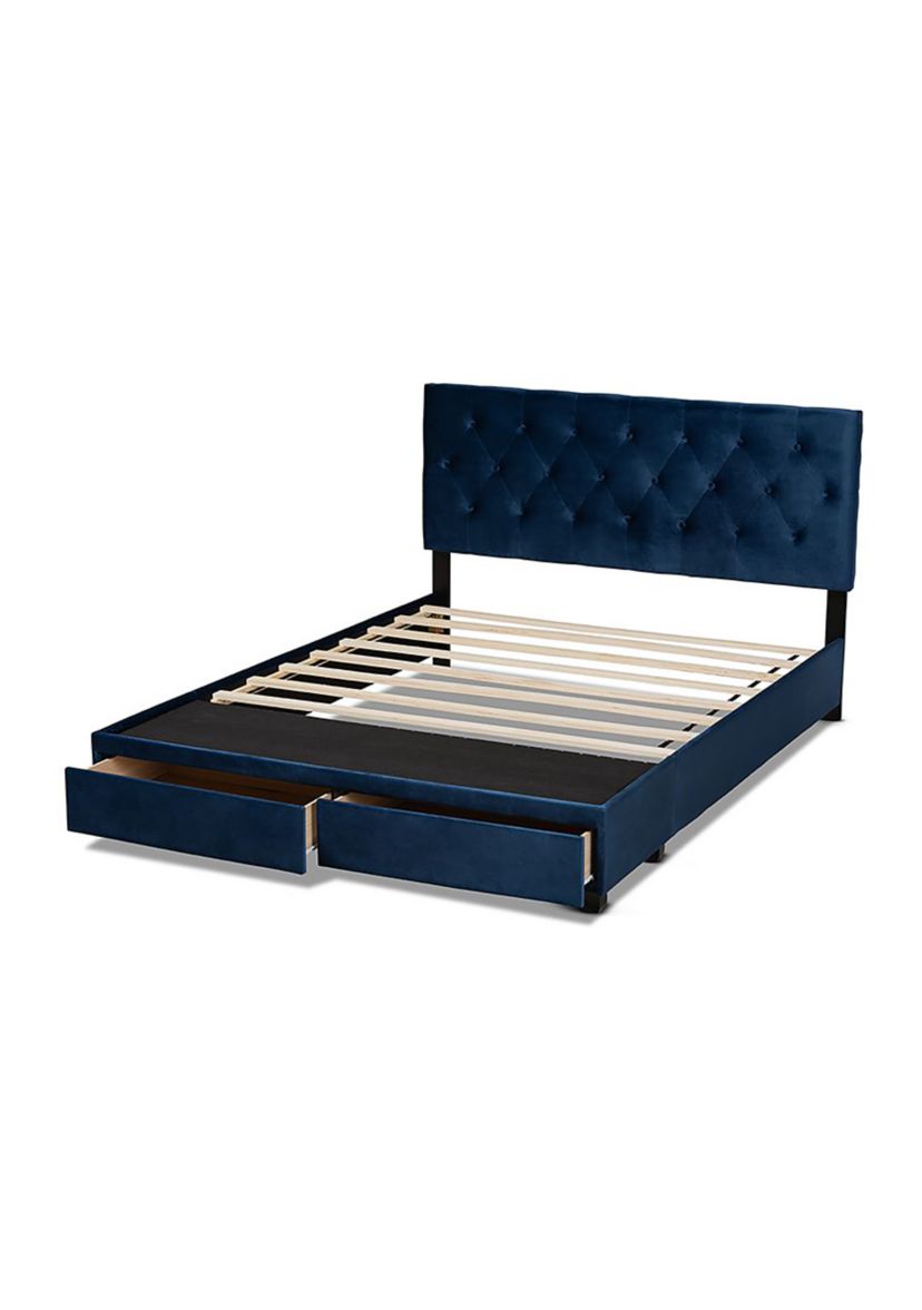 Caronia Modern and Contemporary Navy Blue Velvet Fabric Upholstered 2-Drawer Platform Storage Bed