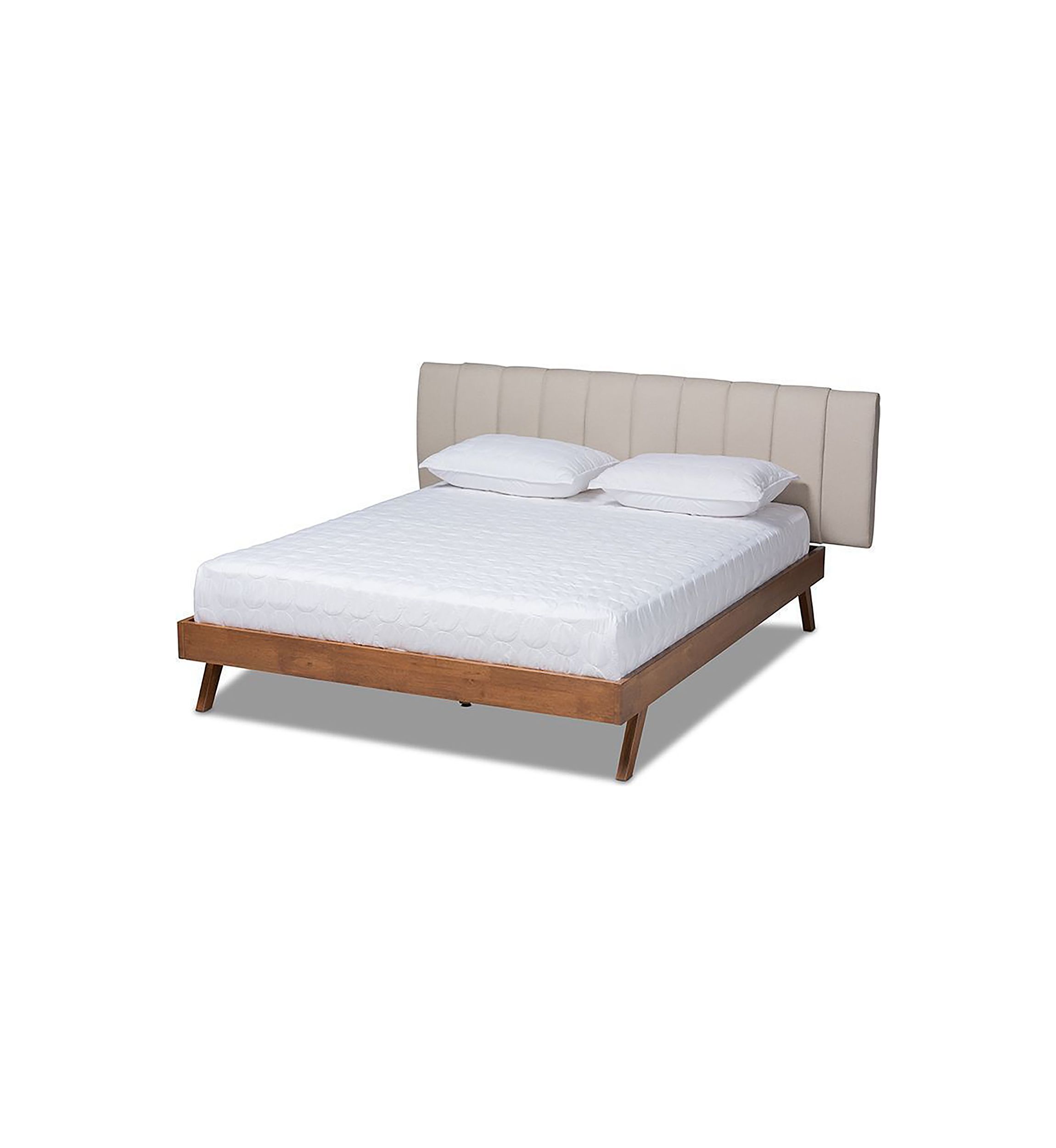 Brita Mid-Century Modern Light Beige Fabric Upholstered Walnut Finished Wood Bed